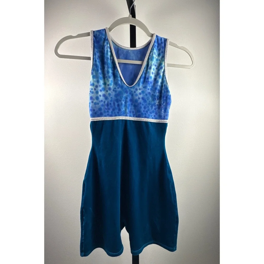 GK Elite Gymnastics Biketard Girls CM Blue Velvet Ombre Silver Trim Excellent